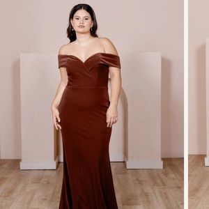 Revelry Bardot Velvet Dress in Terracotta